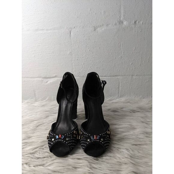 Schutz Black Nubuck/Faux Suede Crystal Embellished Sandals Chunky Platform Heels - Picture 2 of 10
